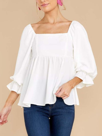 Smocked Square Neck Flounce Sleeve Blouse