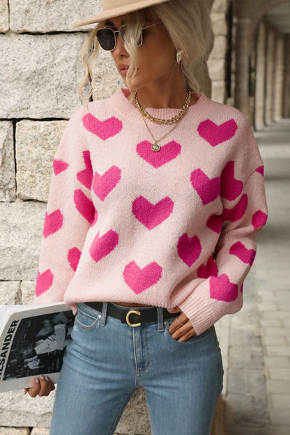 Perfee Heart Pattern Dropped Shoulder Sweater