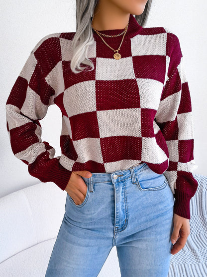 Checkered Mock Neck Long Sleeve Sweater