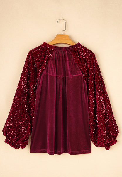 Sequin Notched Long Sleeve Blouse