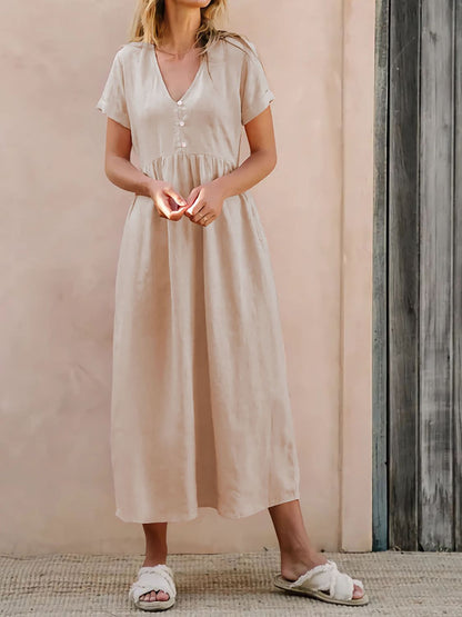 V-Neck Short Sleeve Midi Dress