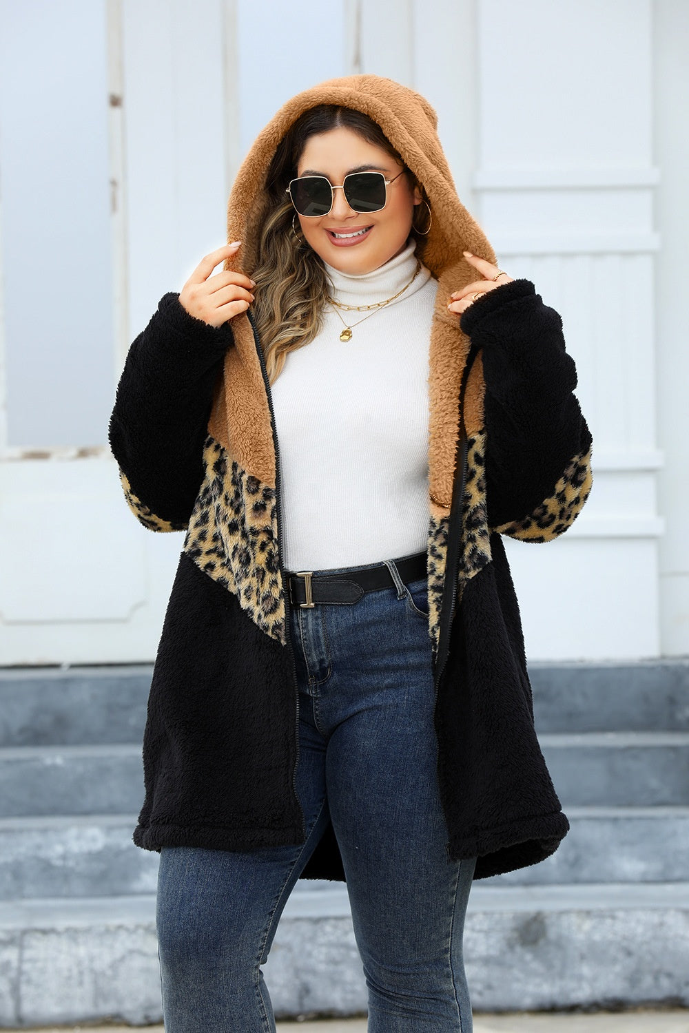 Plus Size Leopard Zip Up Hooded Outerwear