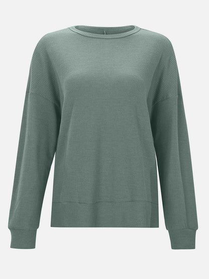 Side Slit Round Neck Long Sleeve T-Shirt