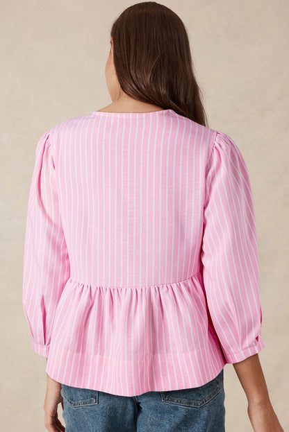 Tied Bow Striped Round Neck Blouse