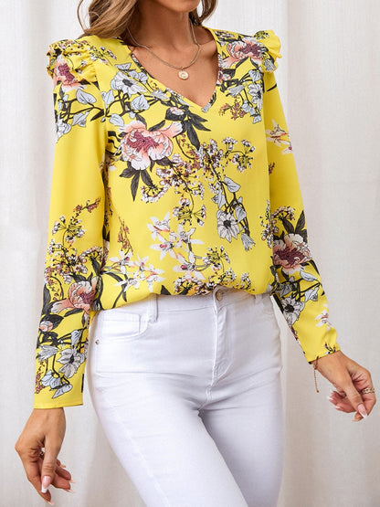 Ruffled Printed V-Neck Long Sleeve Blouse