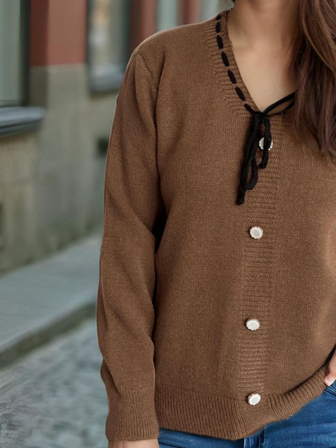 Tied V-Neck Long Sleeve Sweater