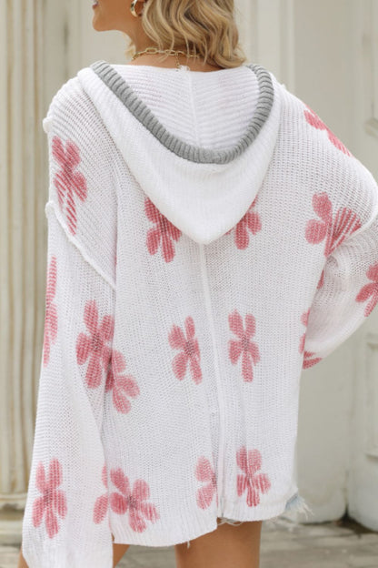 Drawstring Flower Hooded Knit Top