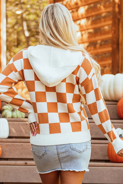 Checkered Long Sleeve Hooded Sweater