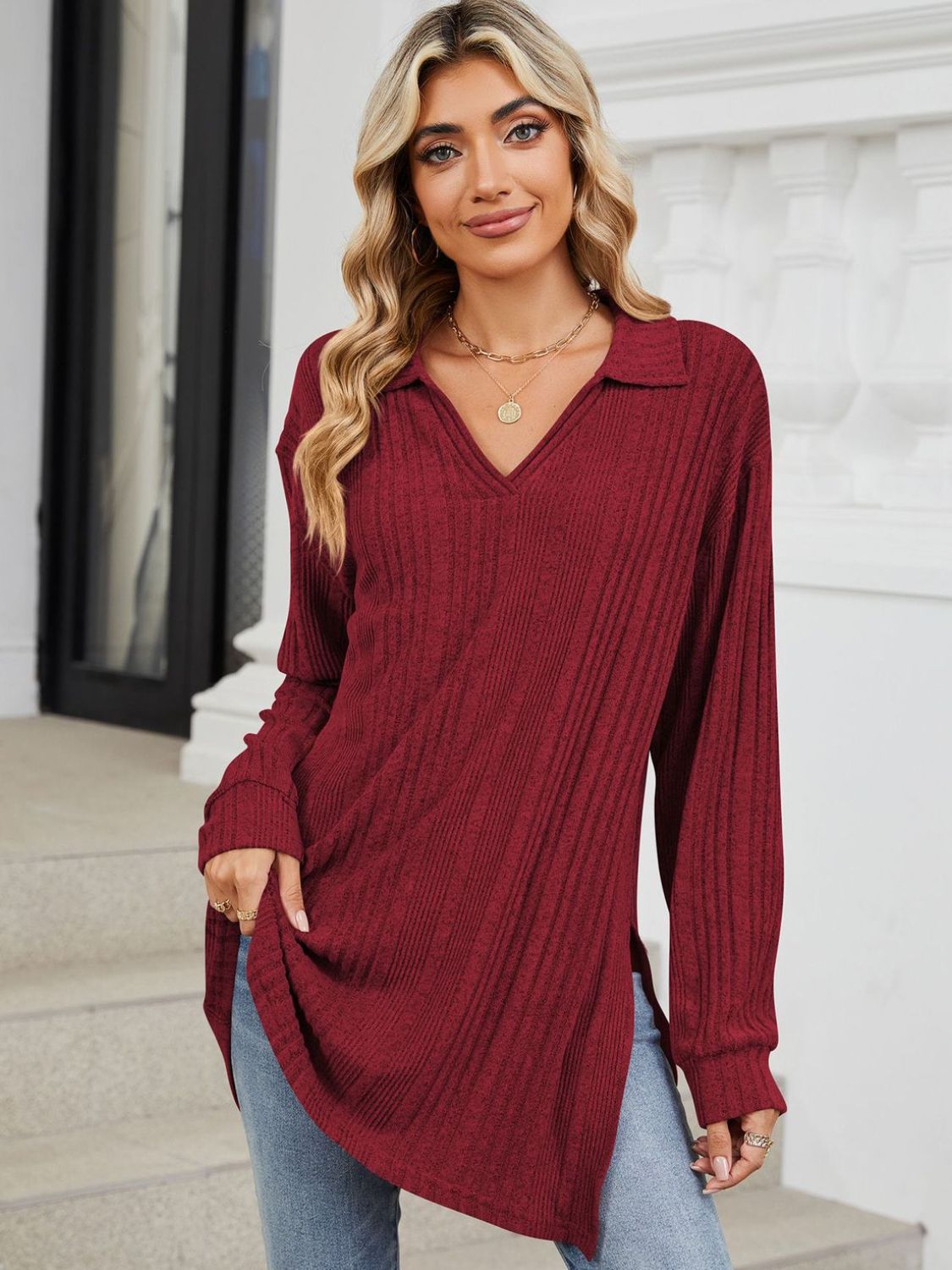 Slit Johnny Collar Long Sleeve T-Shirt