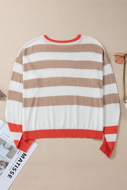 Contrast Striped Round Neck Long Sleeve Knit Top