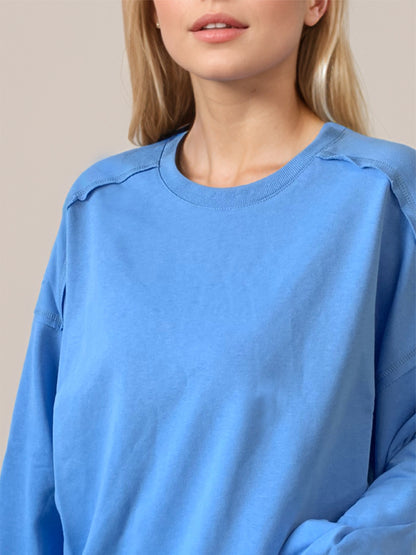 Exposed Seam Round Neck Long Sleeve Sweatshirt