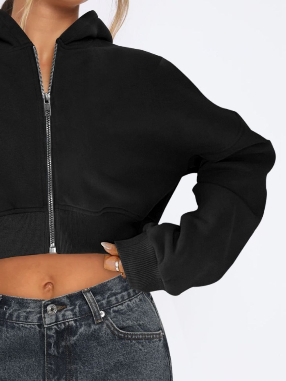 Zip Up Long Sleeve Hooded Cropped Jacket