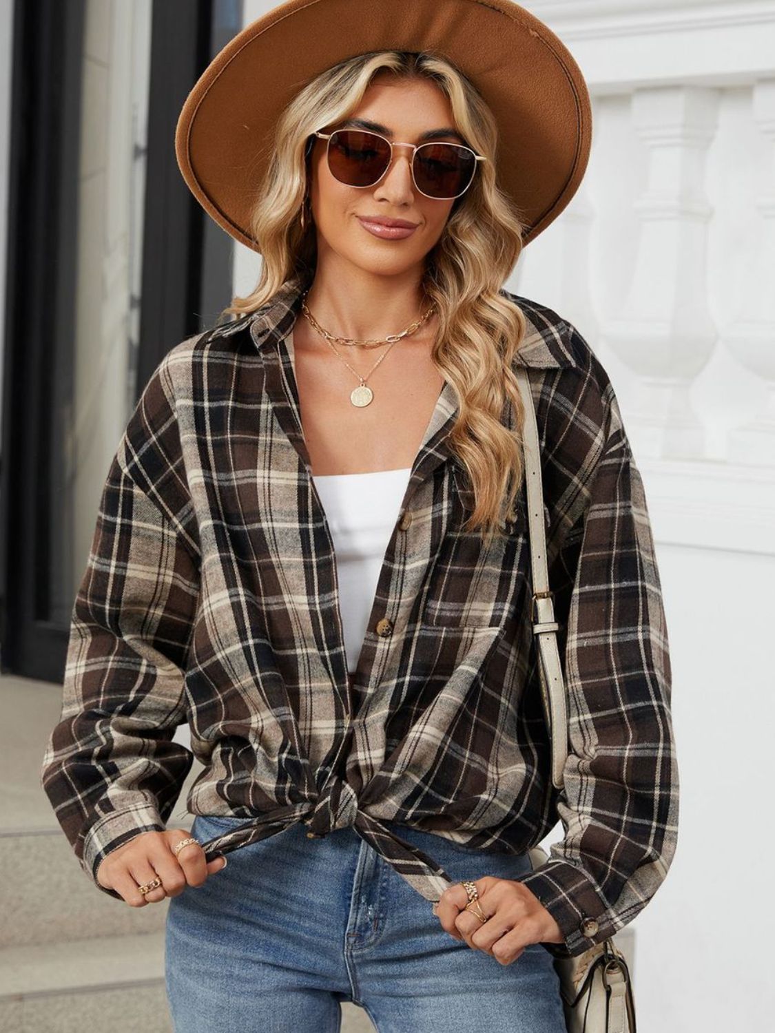 Plaid Collared Neck Long Sleeve Shirt