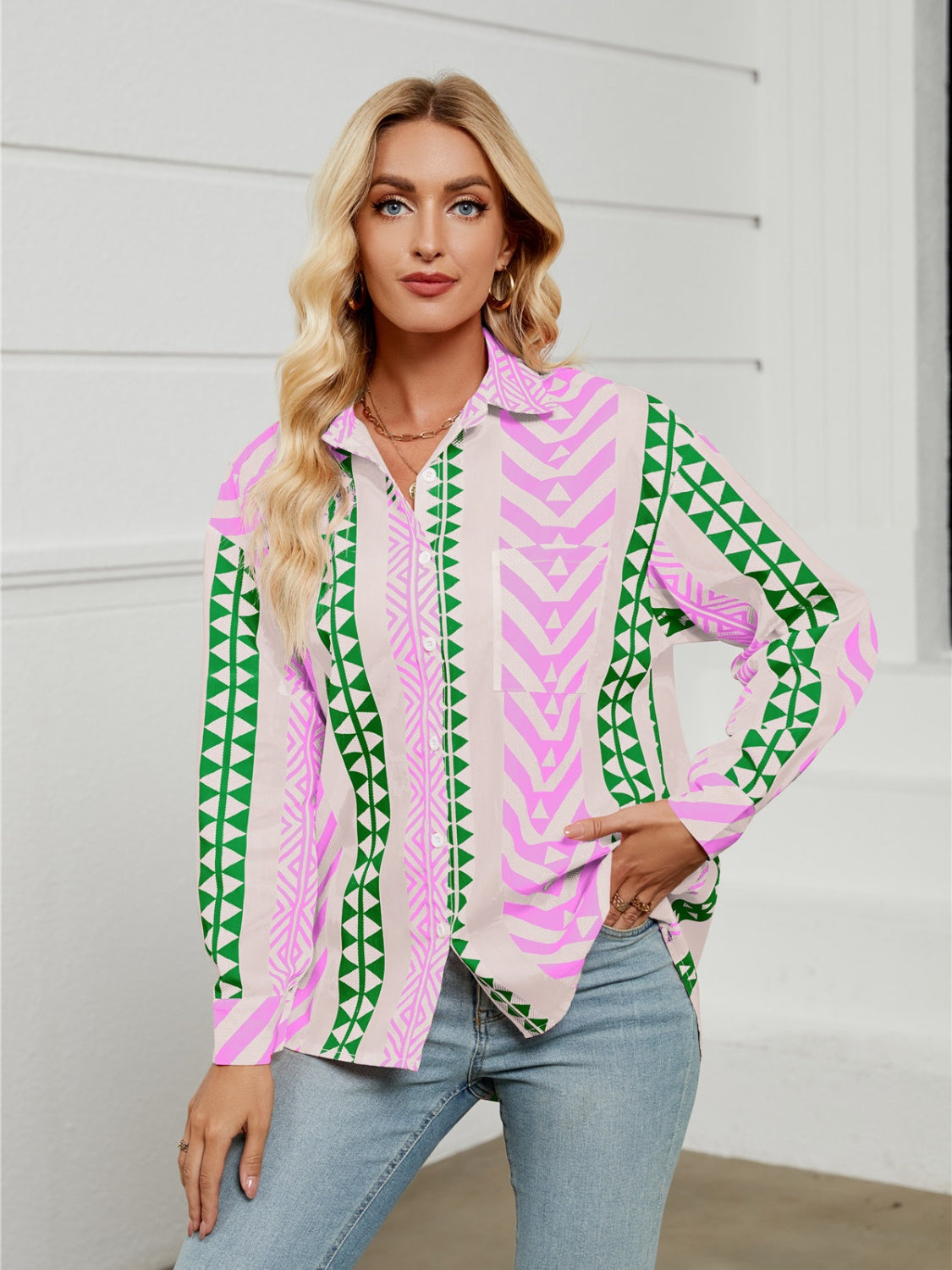 Geometric Collared Neck Long Sleeve Shirt