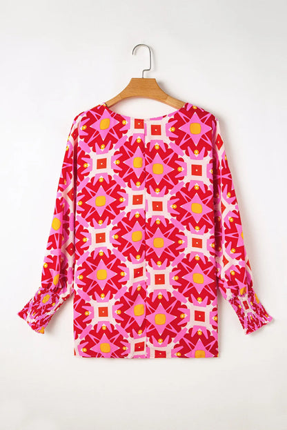 Smocked Cuff Printed Round Neck Long Sleeve Blouse