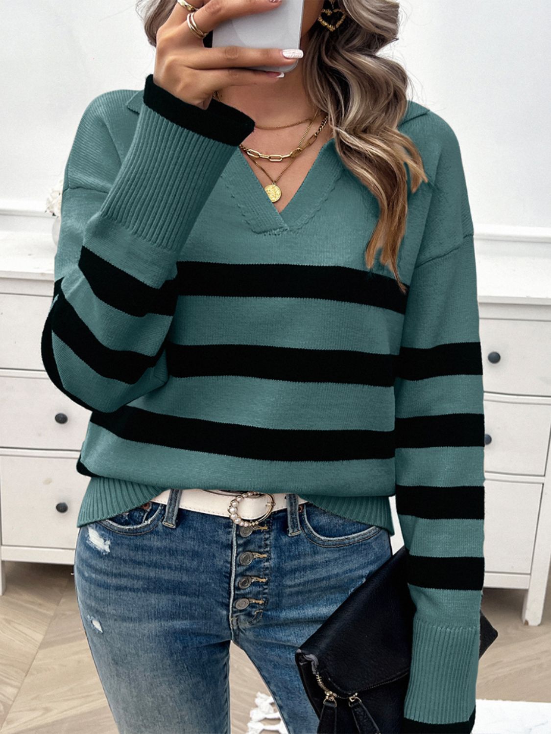 Striped Collared Neck Long Sleeve Sweater