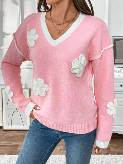 Perfee Flower V-Neck Long Sleeve Sweater