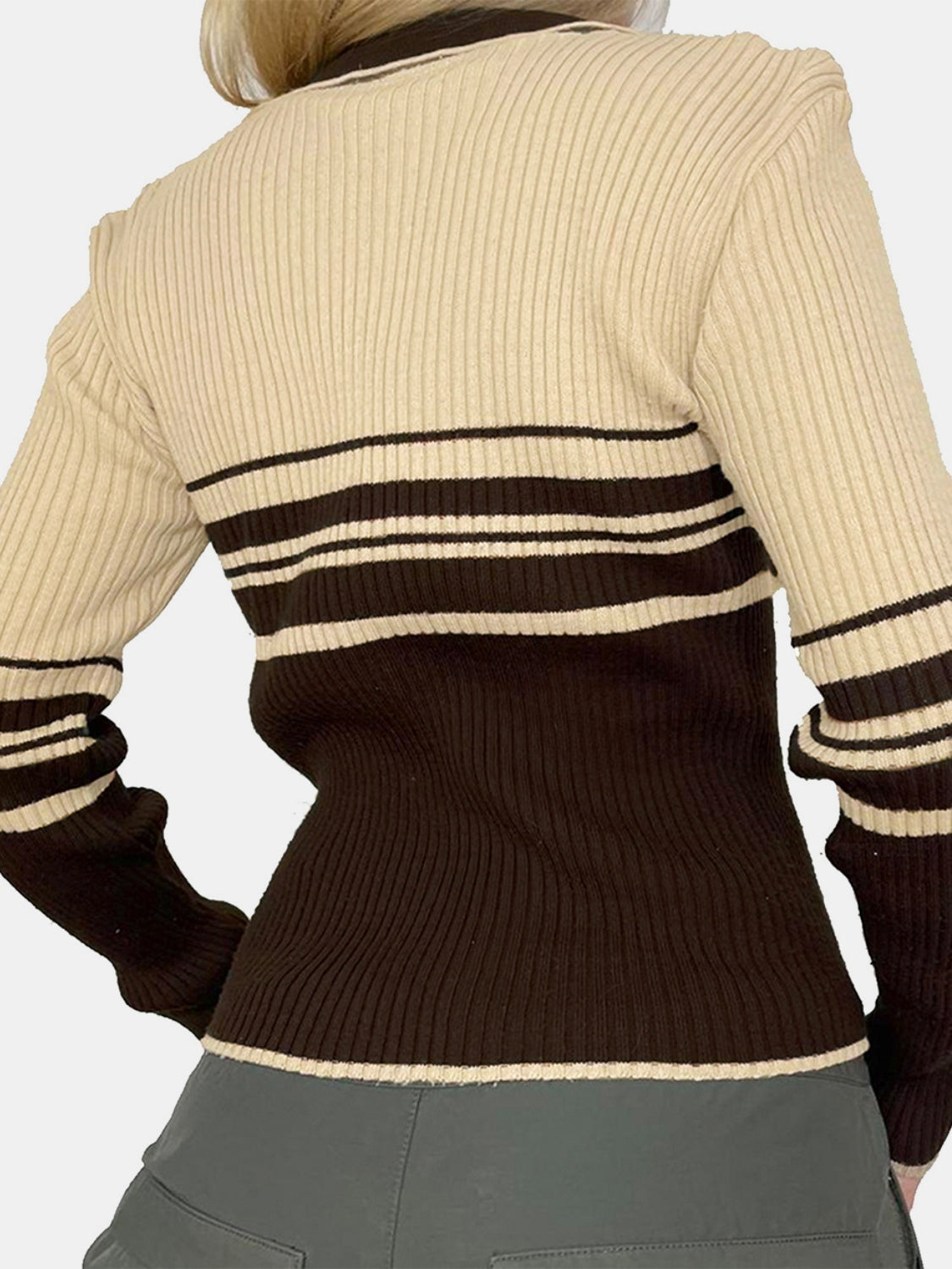 Striped Collared Neck Long Sleeve Knit Top