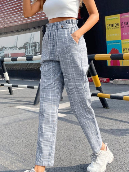 Plaid Elastic Waist Straight Pants