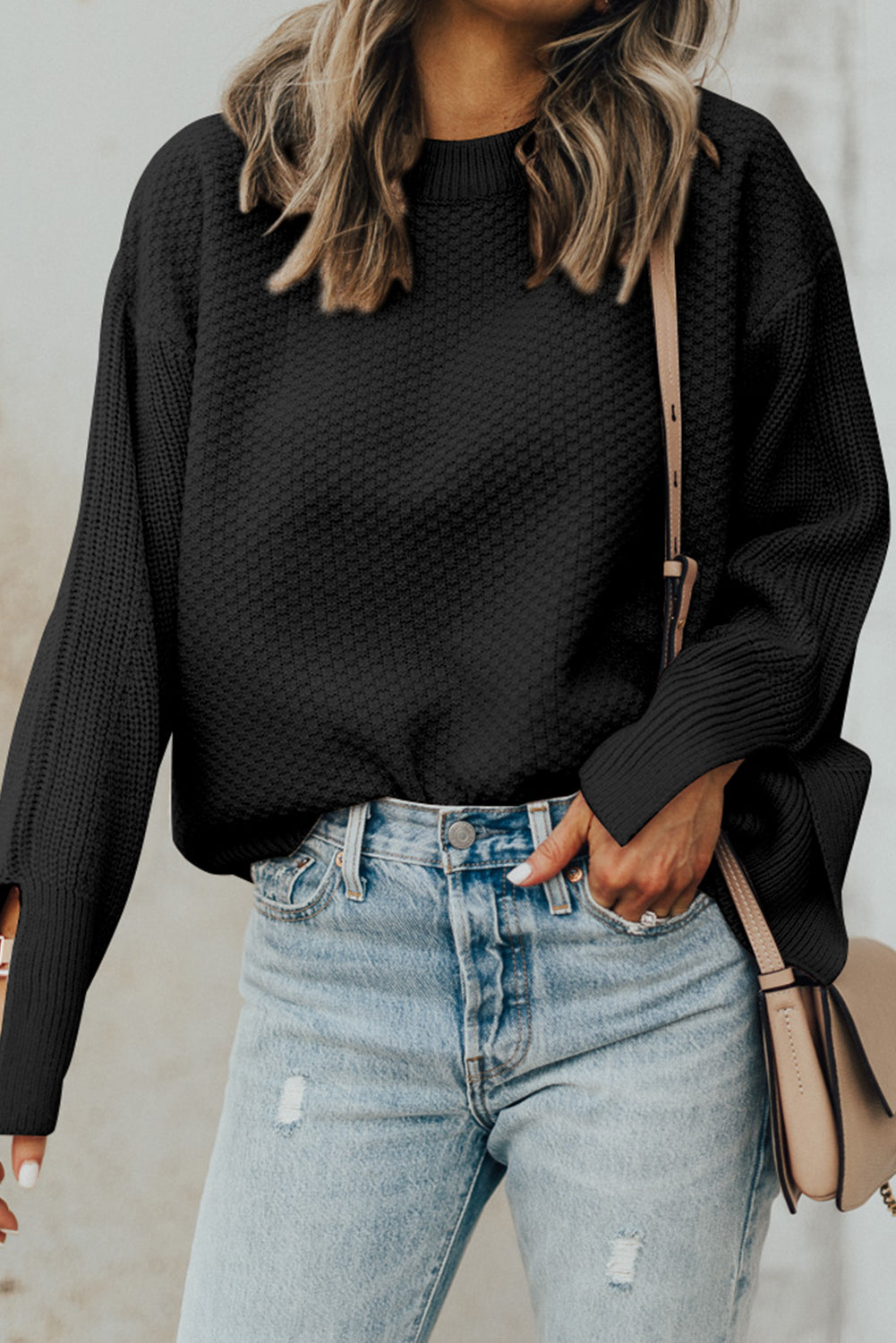 Textured Round Neck Long Sleeve Sweater