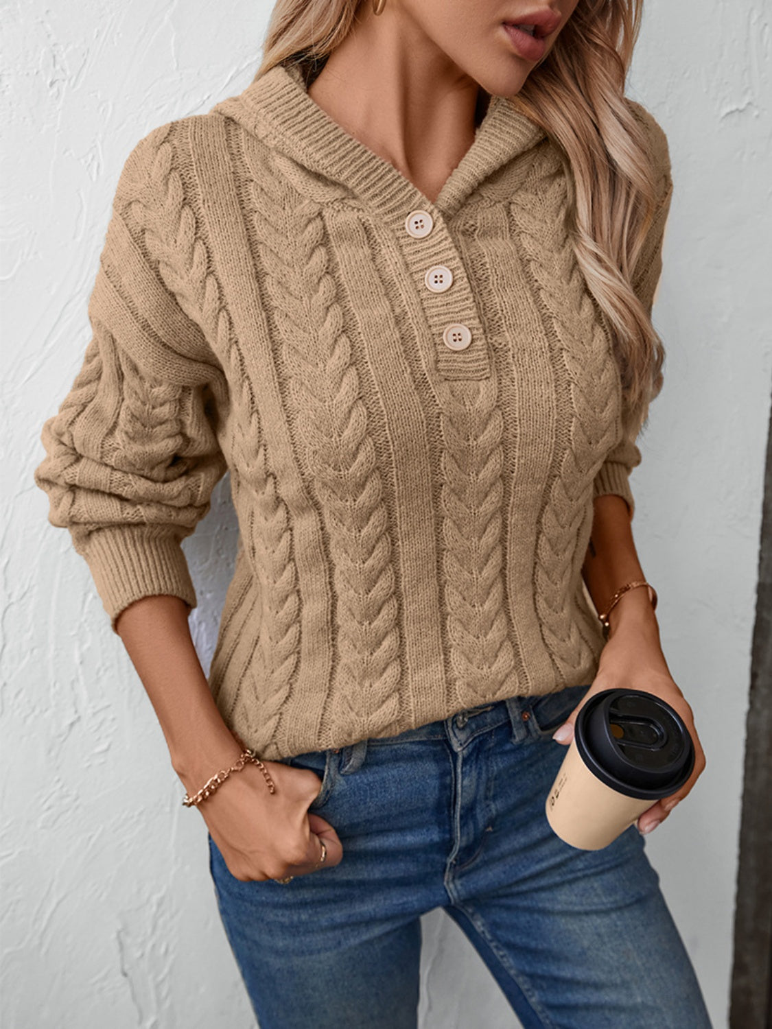 Cable-Knit Long Sleeve Hooded Sweater