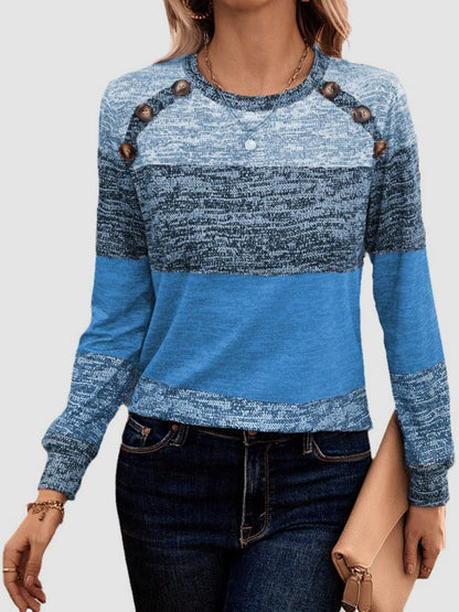 Decorative Button Contrast Round Neck Long Sleeve T-Shirt