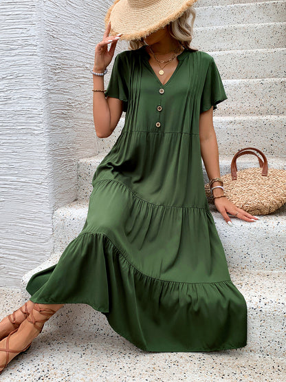 Tiered Notched Short Sleeve Midi Dress