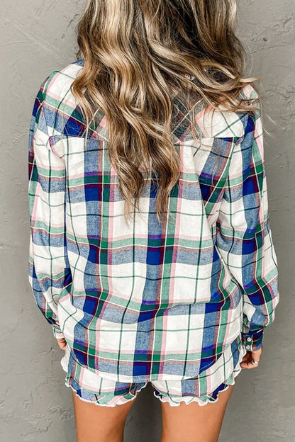 Plaid Snap Down Long Sleeve Top and Shorts Lounge Set