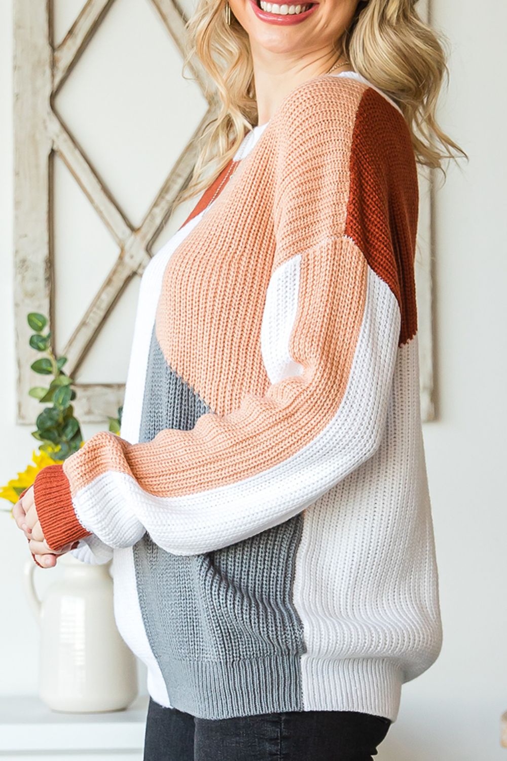 Color Block Drop Shoulder Long Sleeve Sweater