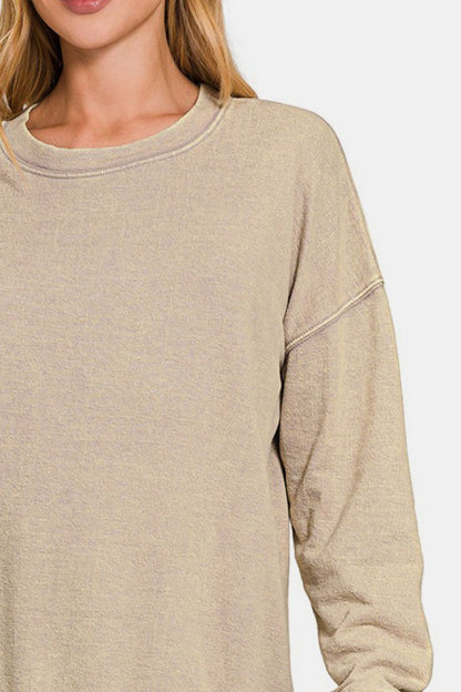 Zenana Washed Round Neck Dropped Shoulder Sweatshirt