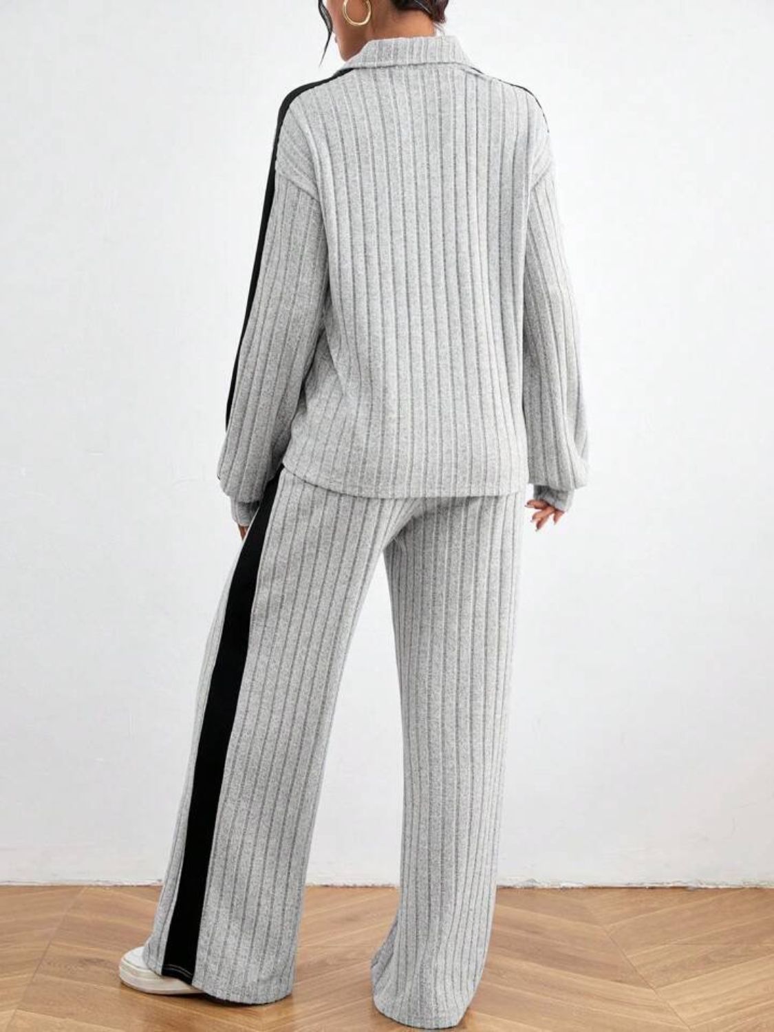 Contrast Collared Neck Long Sleeve Top and Pants Set