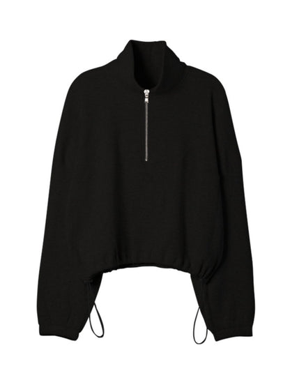 Waffle Knit Drawstring Half Zip Long Sleeve Sweatshirt