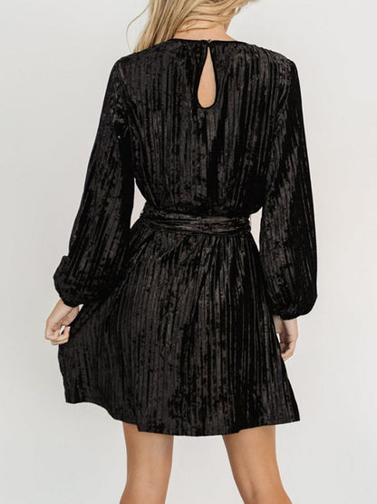 Velvet Round Neck Tie Waist Long Sleeve Mini Dress