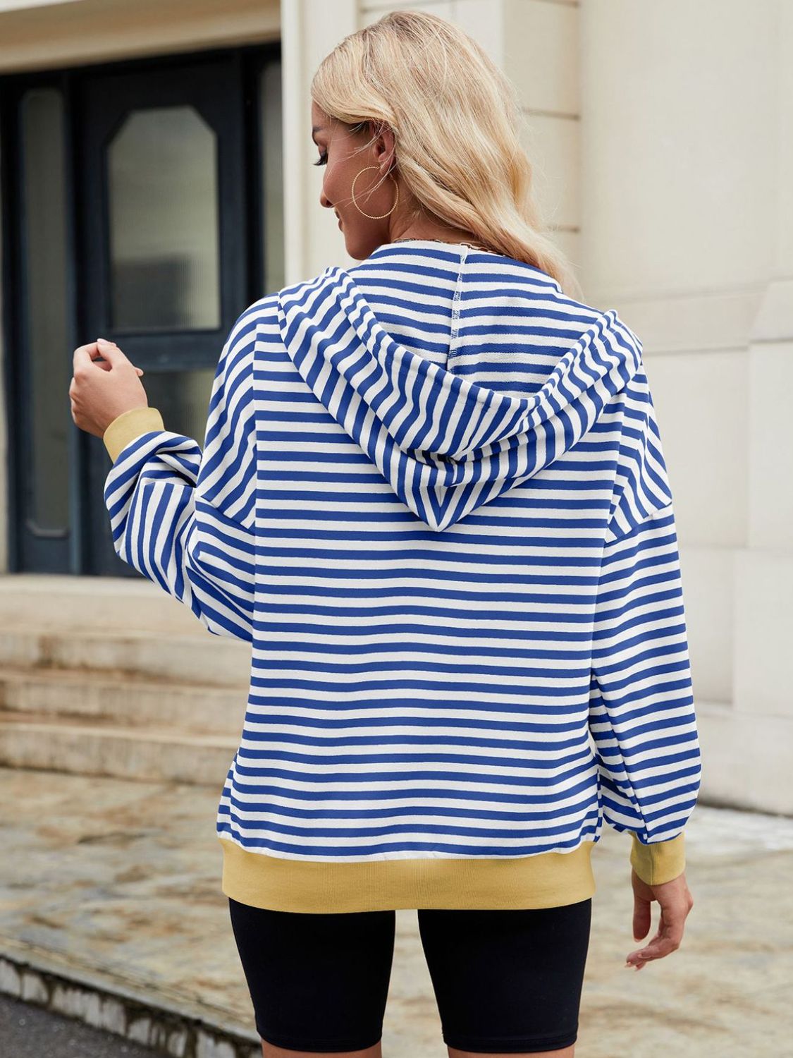 Drawstring Striped Zip Up Long Sleeve Hoodie