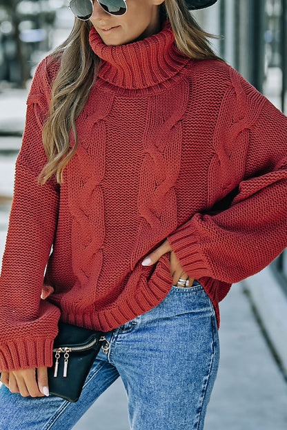 Cable-Knit Turtleneck Dropped Shoulder Sweater