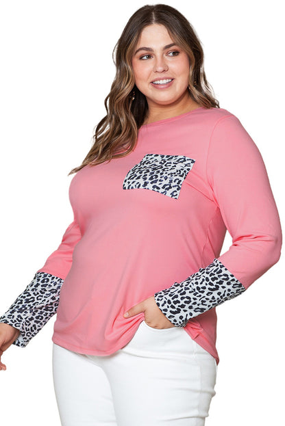 Pink Leopard Cuffs Brushed Plus Size Top