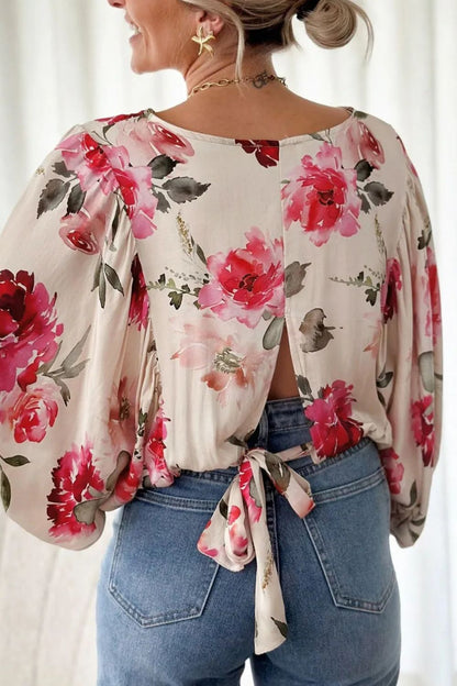 Tied Floral Round Neck Three-Quarter Sleeve Blouse