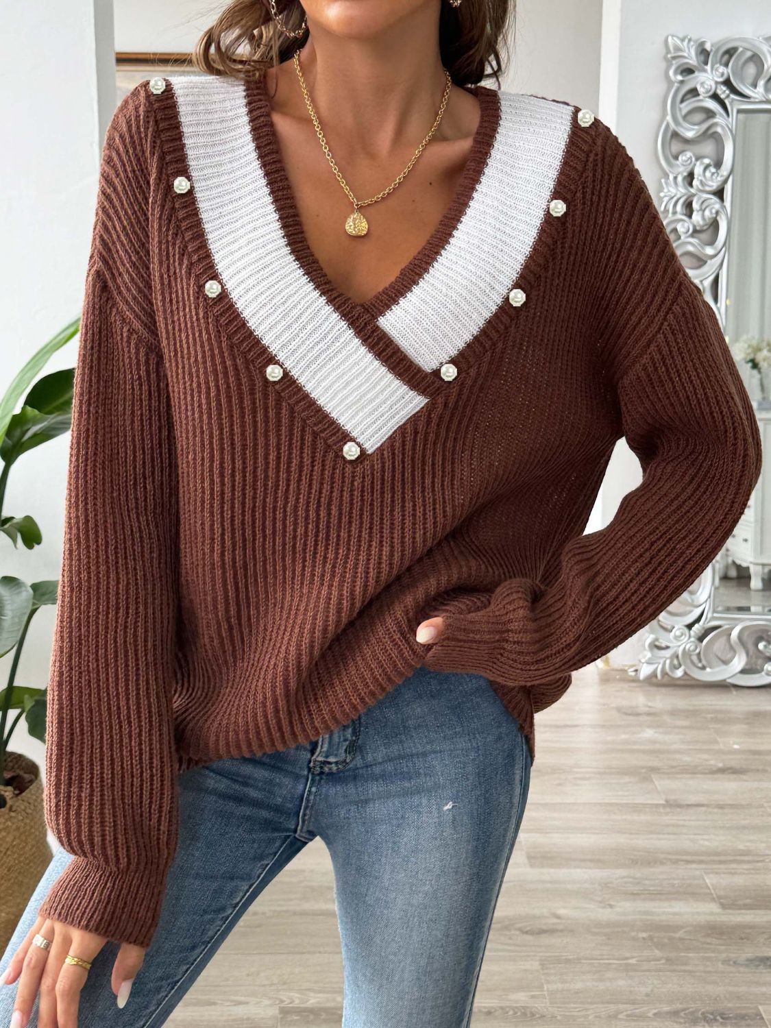 Contrast Trim Dropped Shoulder Long Sleeve Sweater