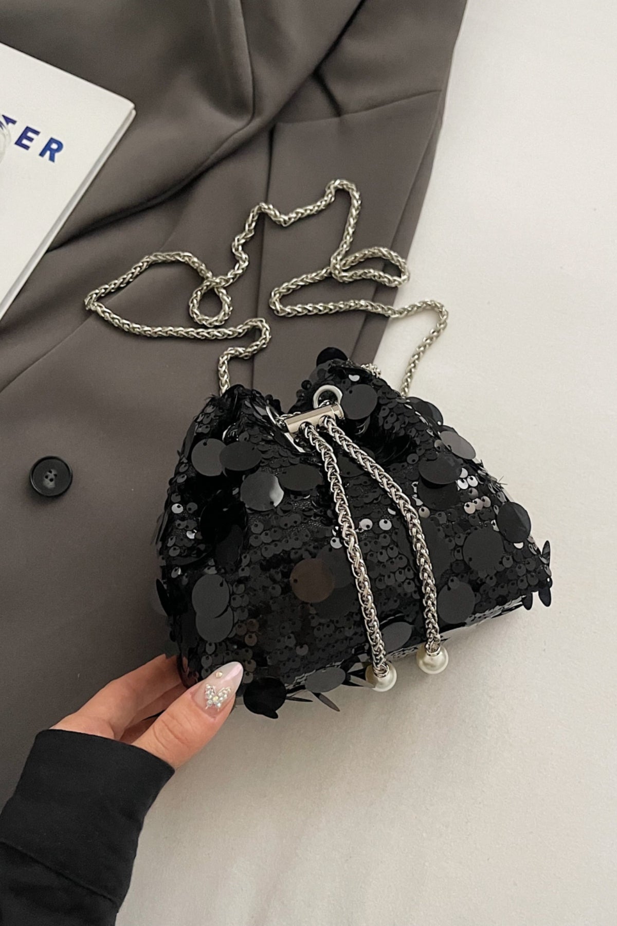 Drawstring Sequin Crossbody Bag