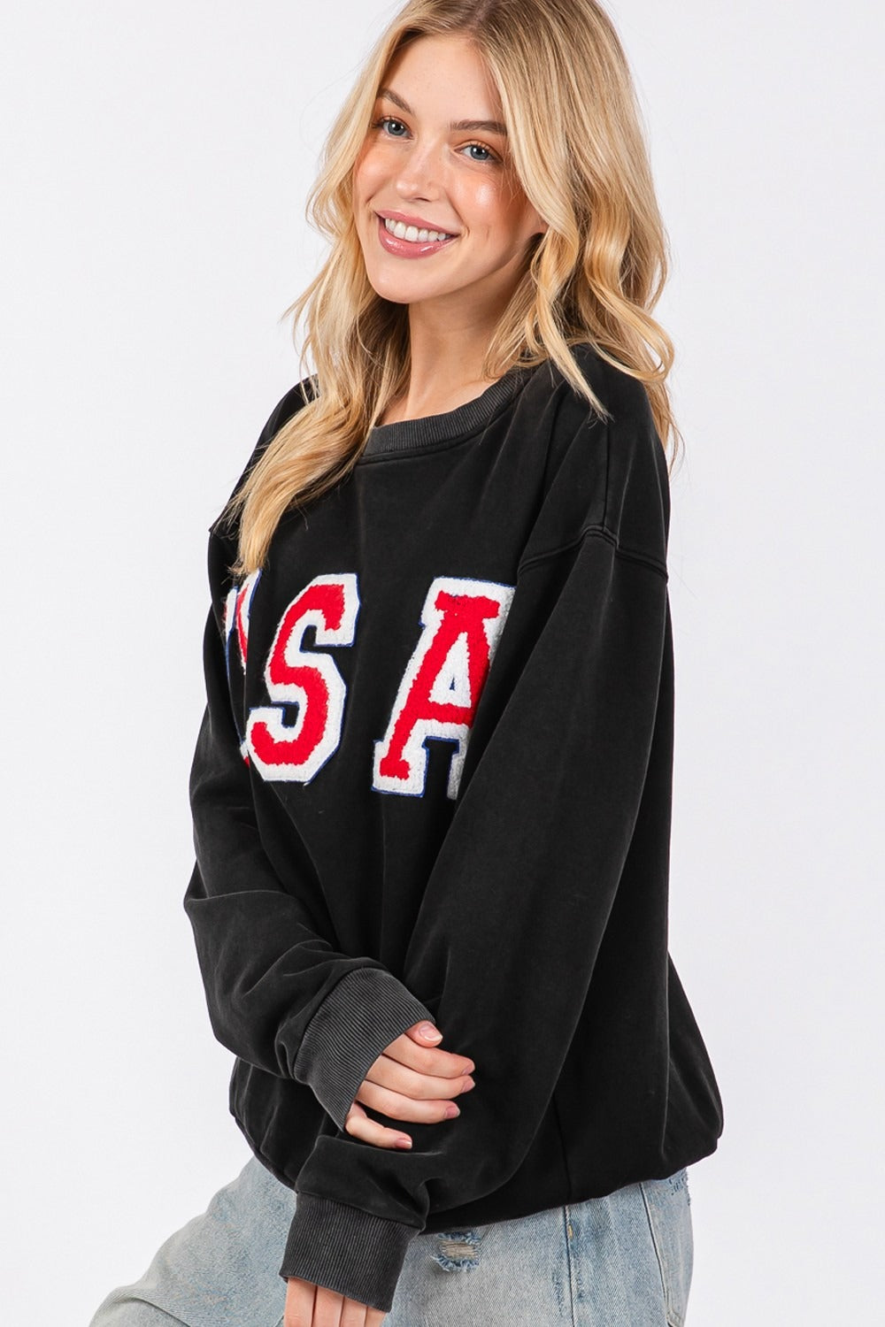 Sage + Fig USA Letter Patch Round Neck Sweatshirt