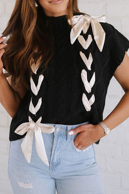 Lace-Up Mock Neck Short Sleeve Sweater