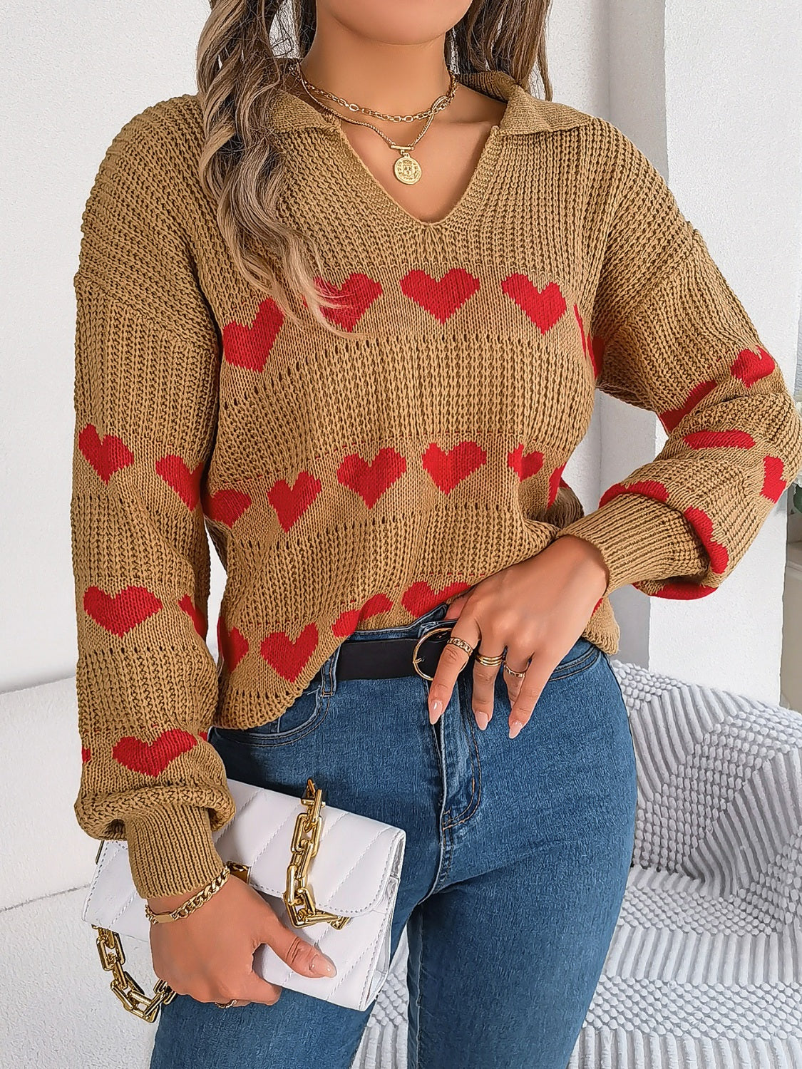 Heart Johnny Collar Long Sleeve Sweater