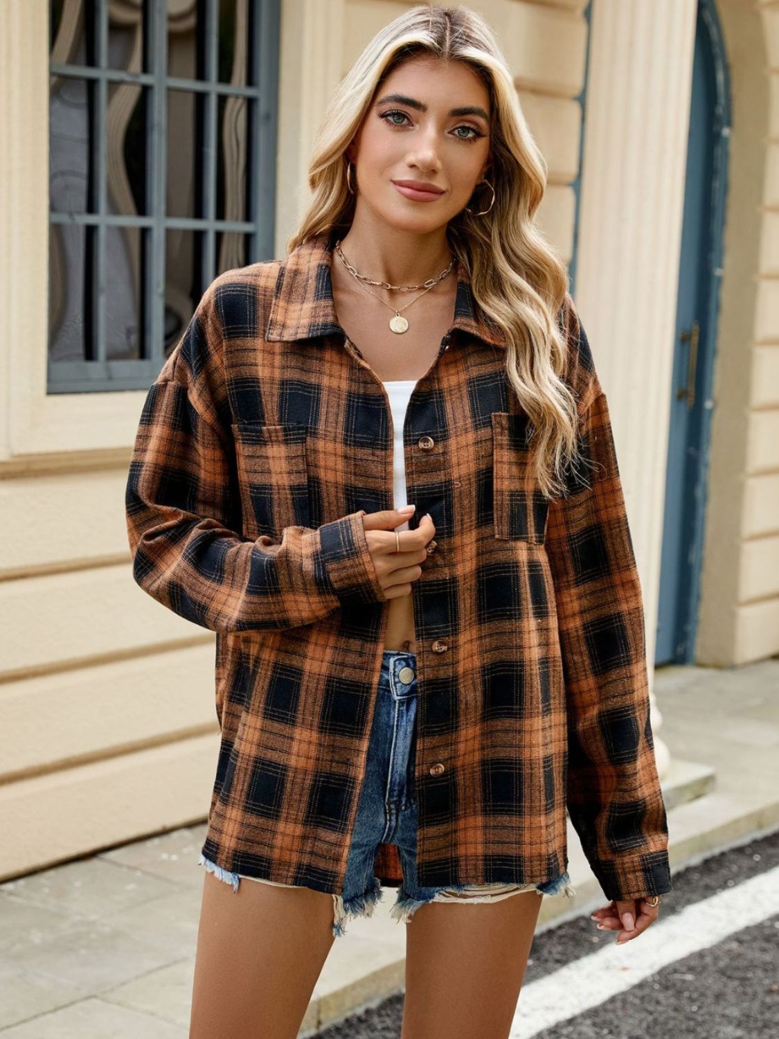 Plaid Collared Neck Long Sleeve Shirt