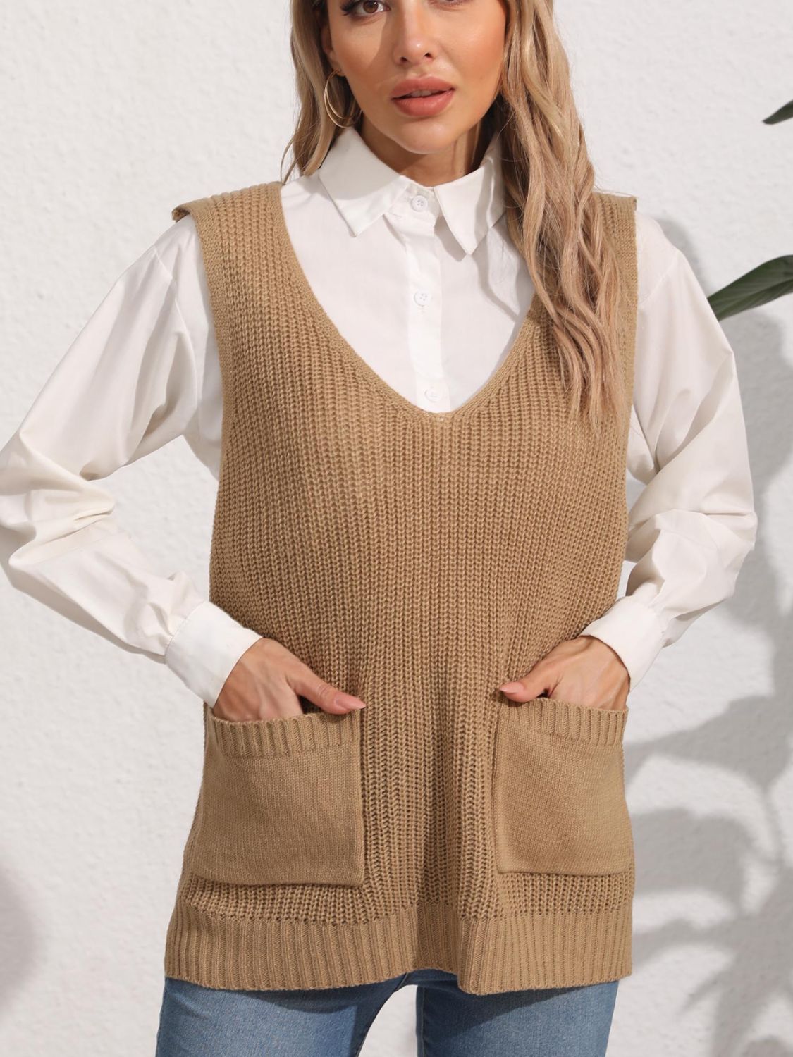 Pocketed V-Neck Sweater Vest