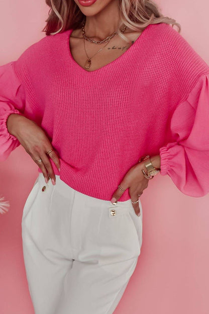 Waffle-Knit V-Neck Long Sleeve Blouse