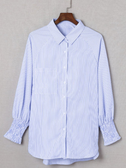 Striped Collared Neck Lantern Sleeve Shirt