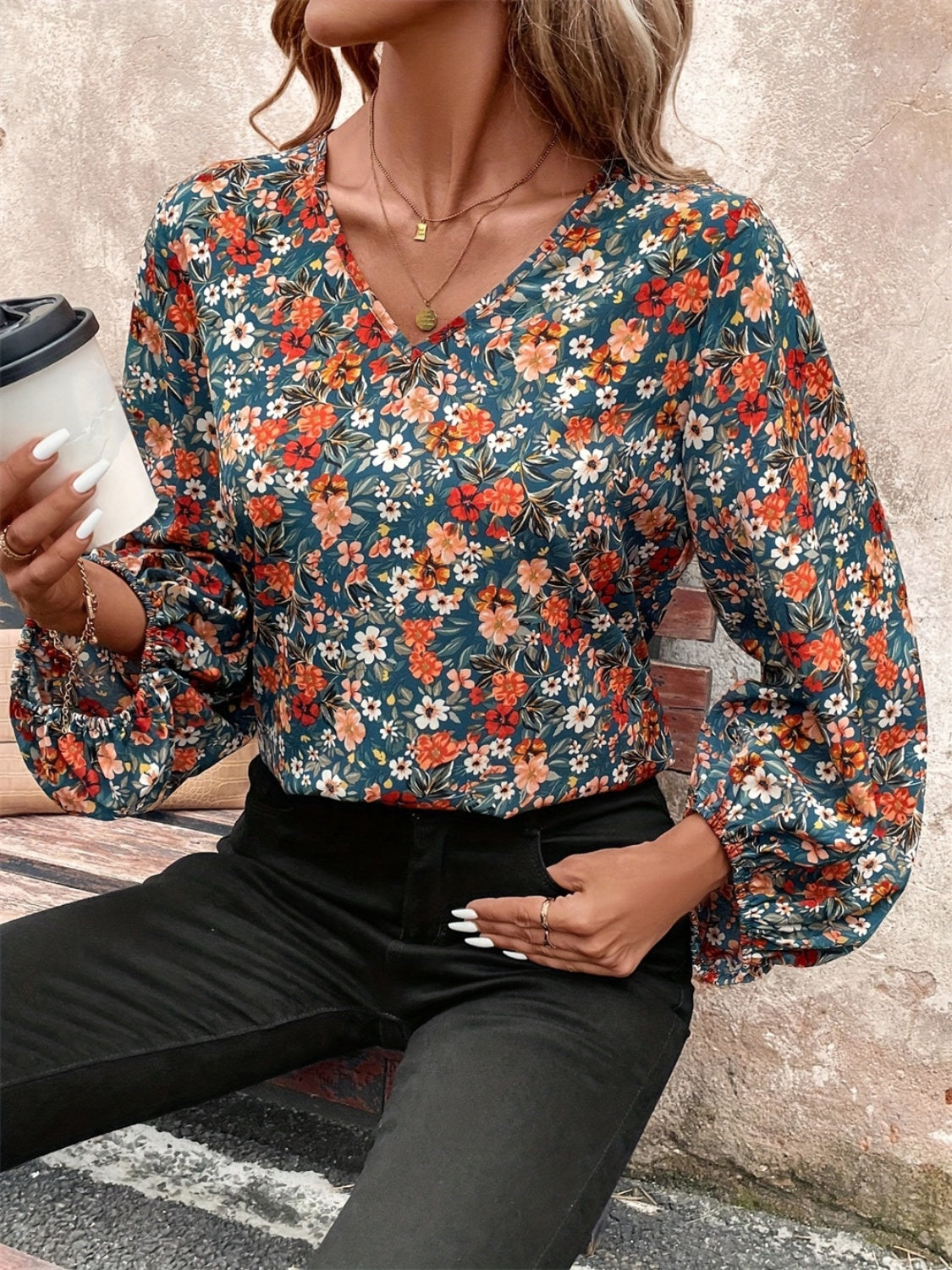 Printed V-Neck Balloon Sleeve Blouse