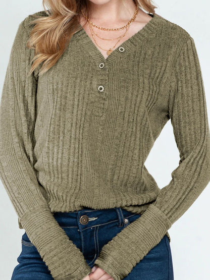 Textured V-Neck Long Sleeve T-Shirt