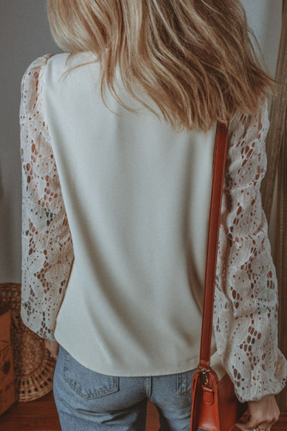 V Neck Lace Balloon Sleeve Blouse