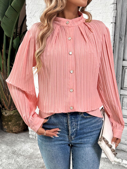 Button Down Mock Neck Long Sleeve Shirt